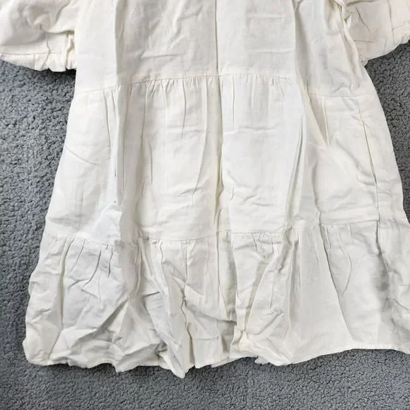 SEA NY Anita Eyelet Linen Blend Puff Sleeve Dress Girls 10 Cream Button Closure~ - Picture 2 of 11